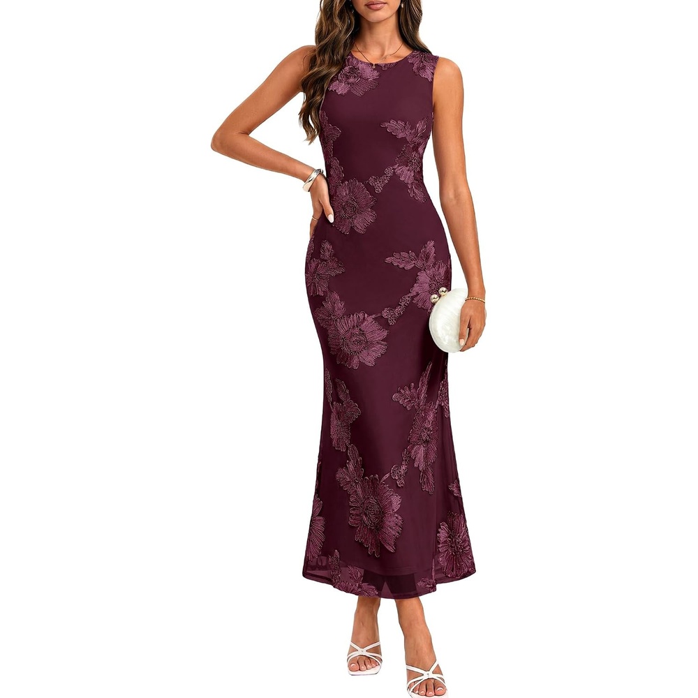 image:imageGRACE KARIN Womens Summer Floral Wedding Guest Dresses 2026 Sleeveless Mesh Bodycon Maxi Dress Cocktail Party Long DressesWine