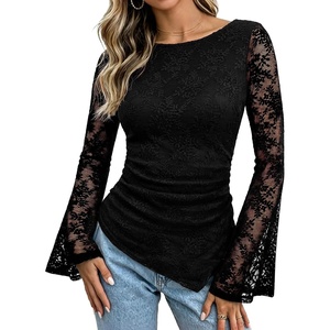 GRACE KARIN Womens Lace Bell Long Sleeve Tops 2026 Fall Boat Neck Ruched Going Out Shirt Asymmetrical Y2K Clothes Date Night(Black Snowflake Lace)