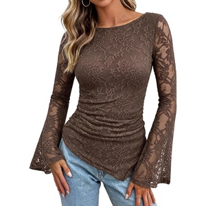GRACE KARIN Womens Lace Bell Long Sleeve Tops 2026 Fall Boat Neck Ruched Going Out Shirt Asymmetrical Y2K Clothes Date Night(Coffee Rose Lace)