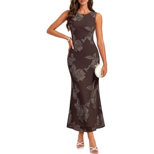 GRACE KARIN Women’s Summer Floral Wedding Guest Dresses 2026 Sleeveless Mesh Bodycon Maxi Dress Cocktail Party Long Dresses(Coffee)