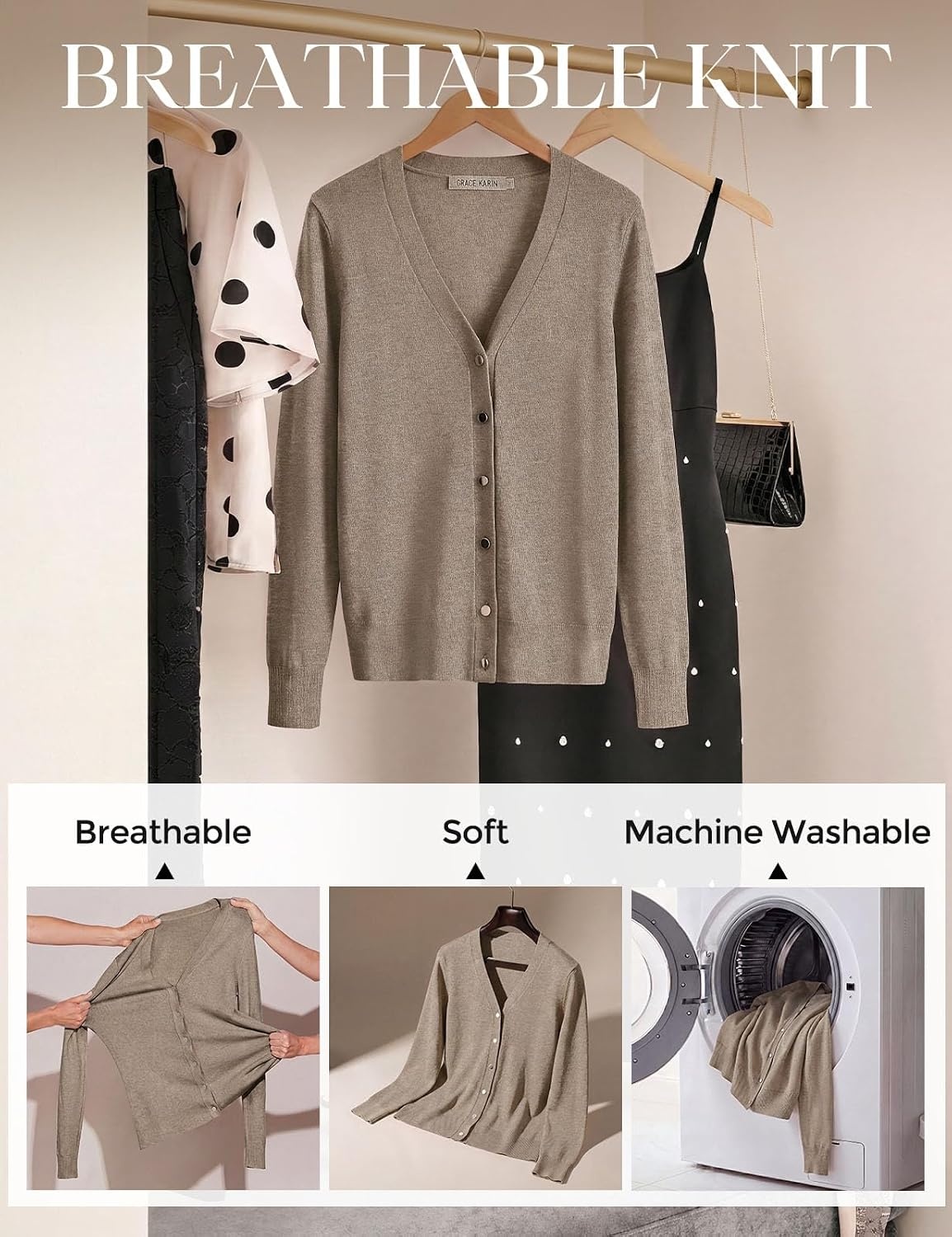 image:imageGRACE KARIN Lightweight Cardigan Sweaters for Women V Neck Open Front Dressy Shrugs 2026 Summer Business Casual OutfitsKhaki