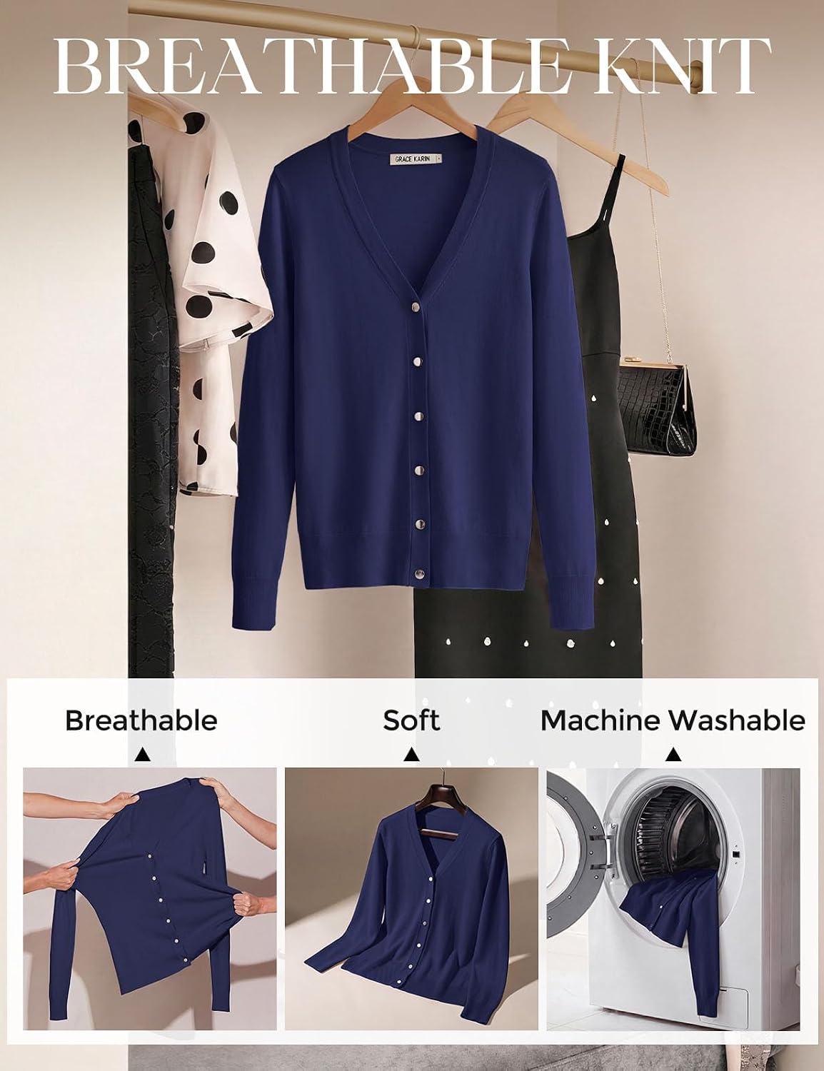 image:imageGRACE KARIN Lightweight Cardigan Sweaters for Women V Neck Open Front Dressy Shrugs 2026 Summer Business Casual OutfitsNavy Blue