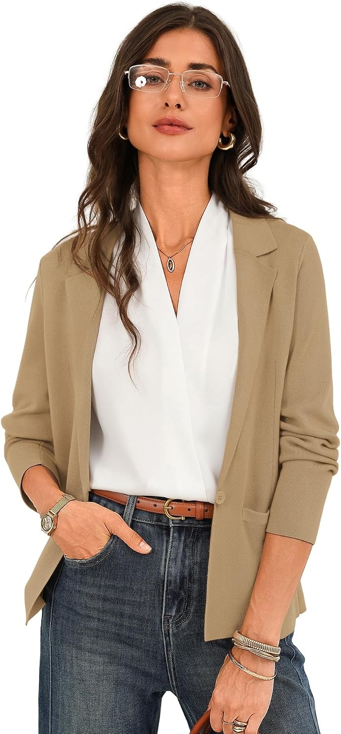 image:imageGRACE KARIN Women Sweater Blazer Business Casual 2026 Knit Suit Jackets Long Sleeve Lightweight Cardigan Work OfficeCamel