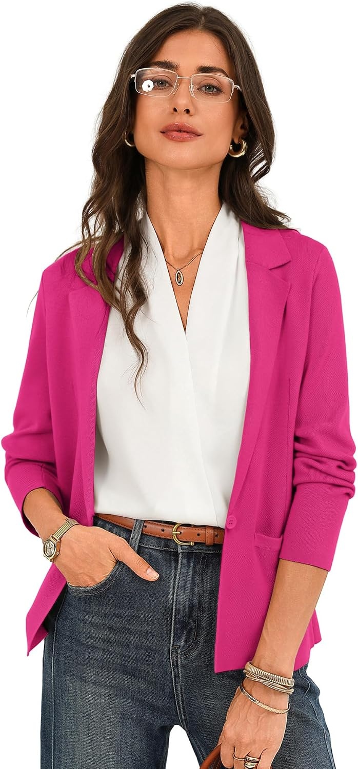 image:imageGRACE KARIN Women Sweater Blazer Business Casual 2026 Knit Suit Jackets Long Sleeve Lightweight Cardigan Work OfficeRose Pink