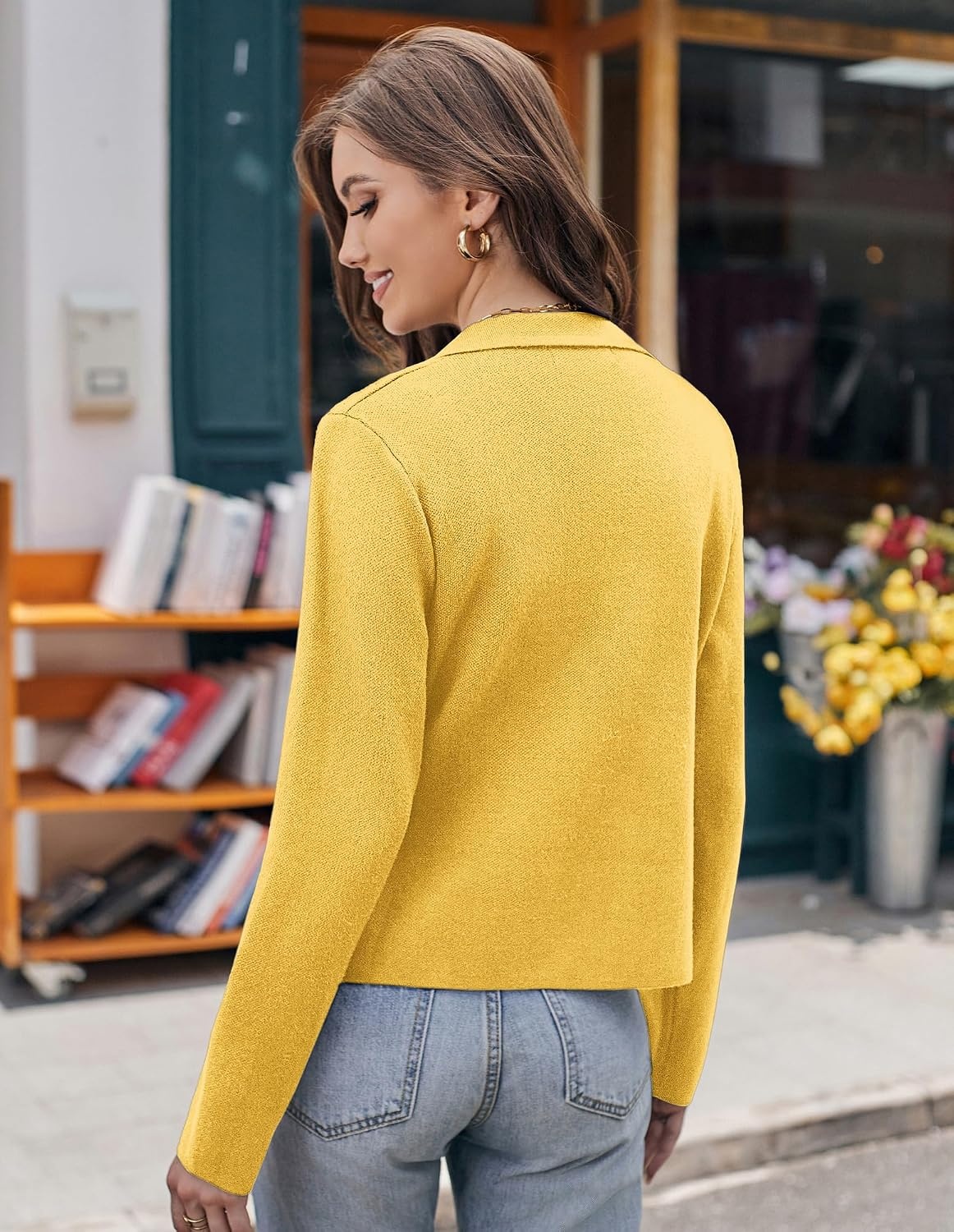 image:imageGRACE KARIN Women Sweater Blazer Casual Work Croppped Cardigan Lightweight Button Front Short Knit Blazer Jacket SXXLYellow