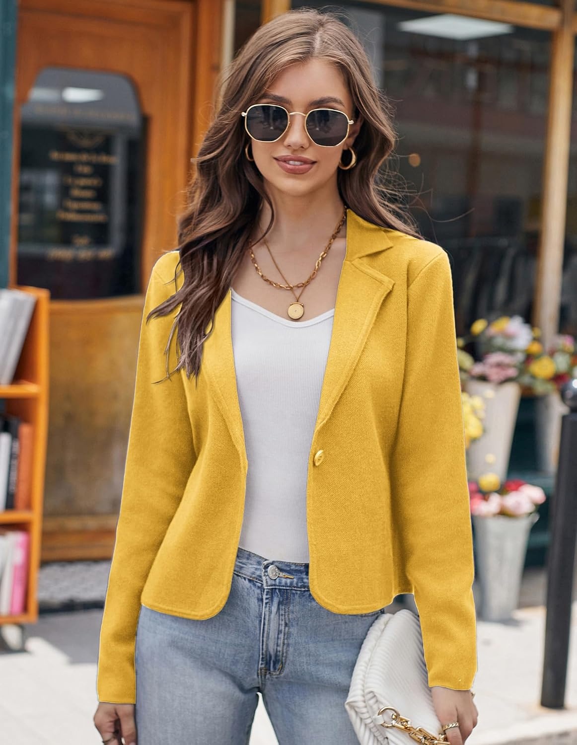 image:imageGRACE KARIN Women Sweater Blazer Casual Work Croppped Cardigan Lightweight Button Front Short Knit Blazer Jacket SXXLYellow