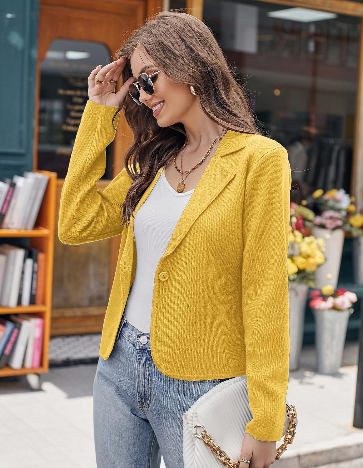 image:imageGRACE KARIN Women Sweater Blazer Casual Work Croppped Cardigan Lightweight Button Front Short Knit Blazer Jacket SXXLYellow