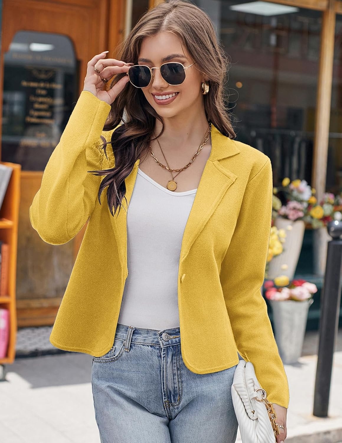 image:imageGRACE KARIN Women Sweater Blazer Casual Work Croppped Cardigan Lightweight Button Front Short Knit Blazer Jacket SXXLYellow