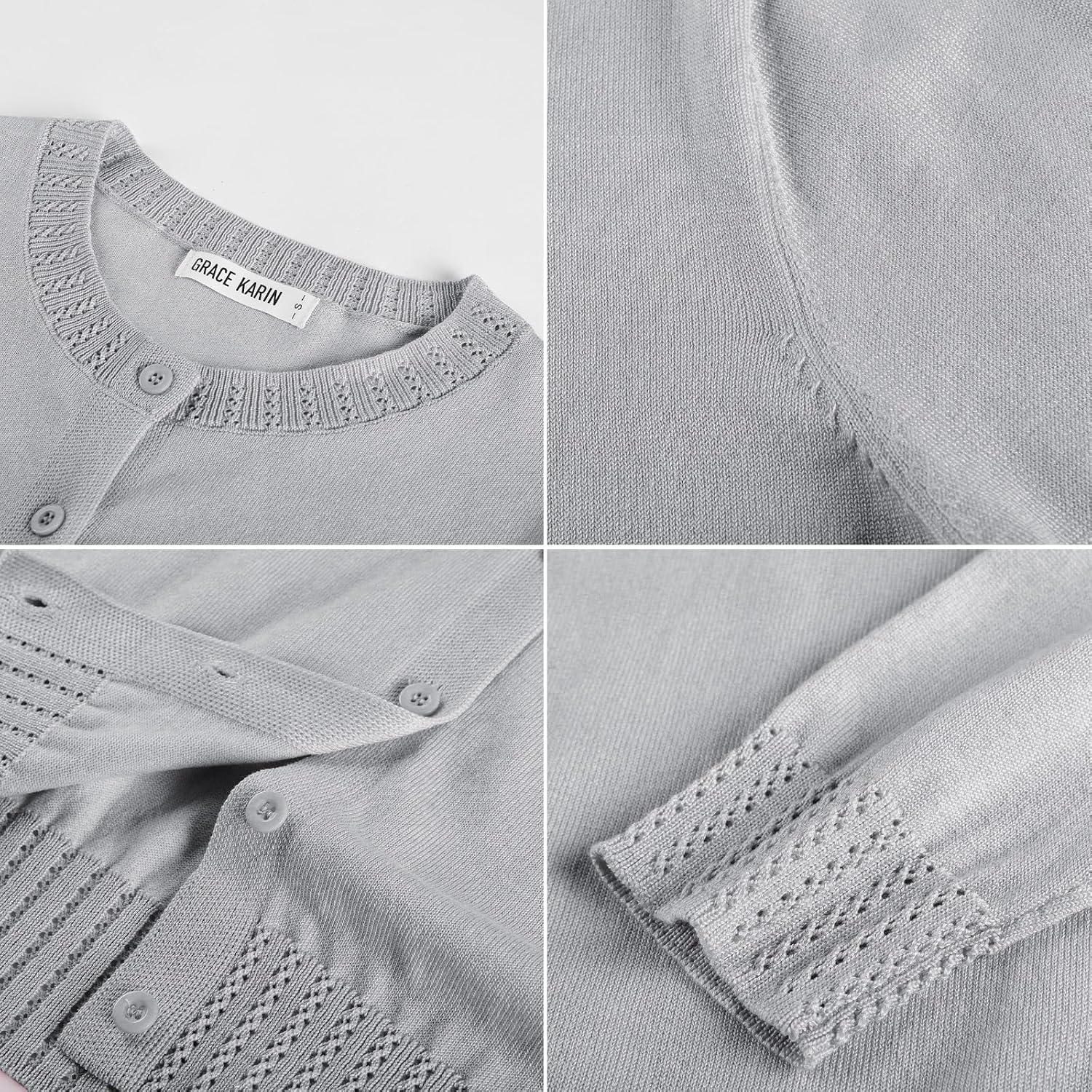 image:imageGRACE KARIN Womens Cropped Cardigan Sweaters Trendy Lightweight Shrugs Button Up Long Sleeve Knit TopsGrey