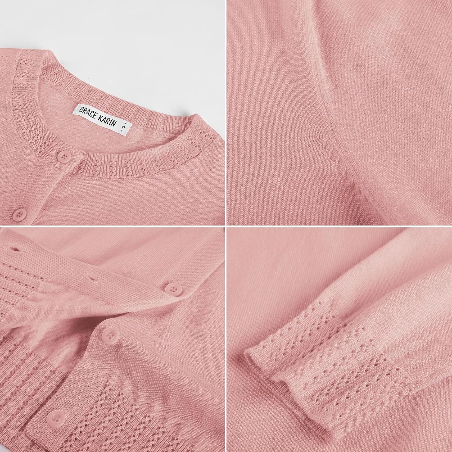 image:imageGRACE KARIN Womens Cropped Cardigan Sweaters Trendy Lightweight Shrugs Button Up Long Sleeve Knit TopsLight Pink