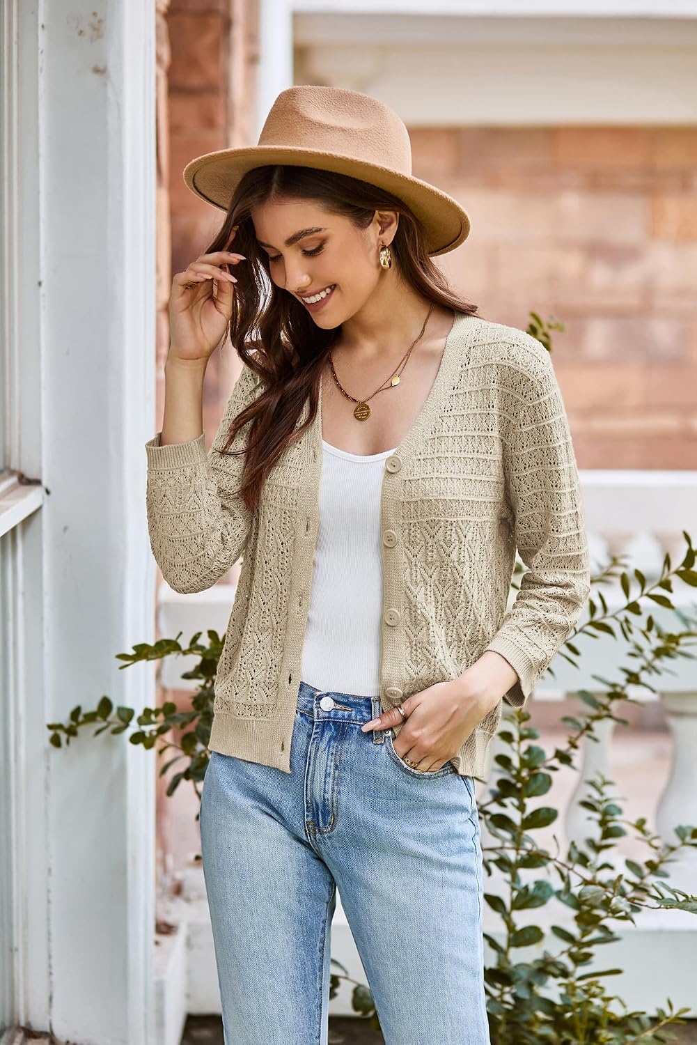 image:imageGRACE KARIN Womens Lightweigt Cardigan Sweater 2026 Summer 34 Sleeve Button Down Cardigans Trendy Knit Shrug OutfitApricot