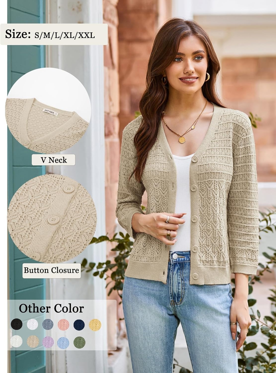 image:imageGRACE KARIN Womens Lightweigt Cardigan Sweater 2026 Summer 34 Sleeve Button Down Cardigans Trendy Knit Shrug OutfitApricot