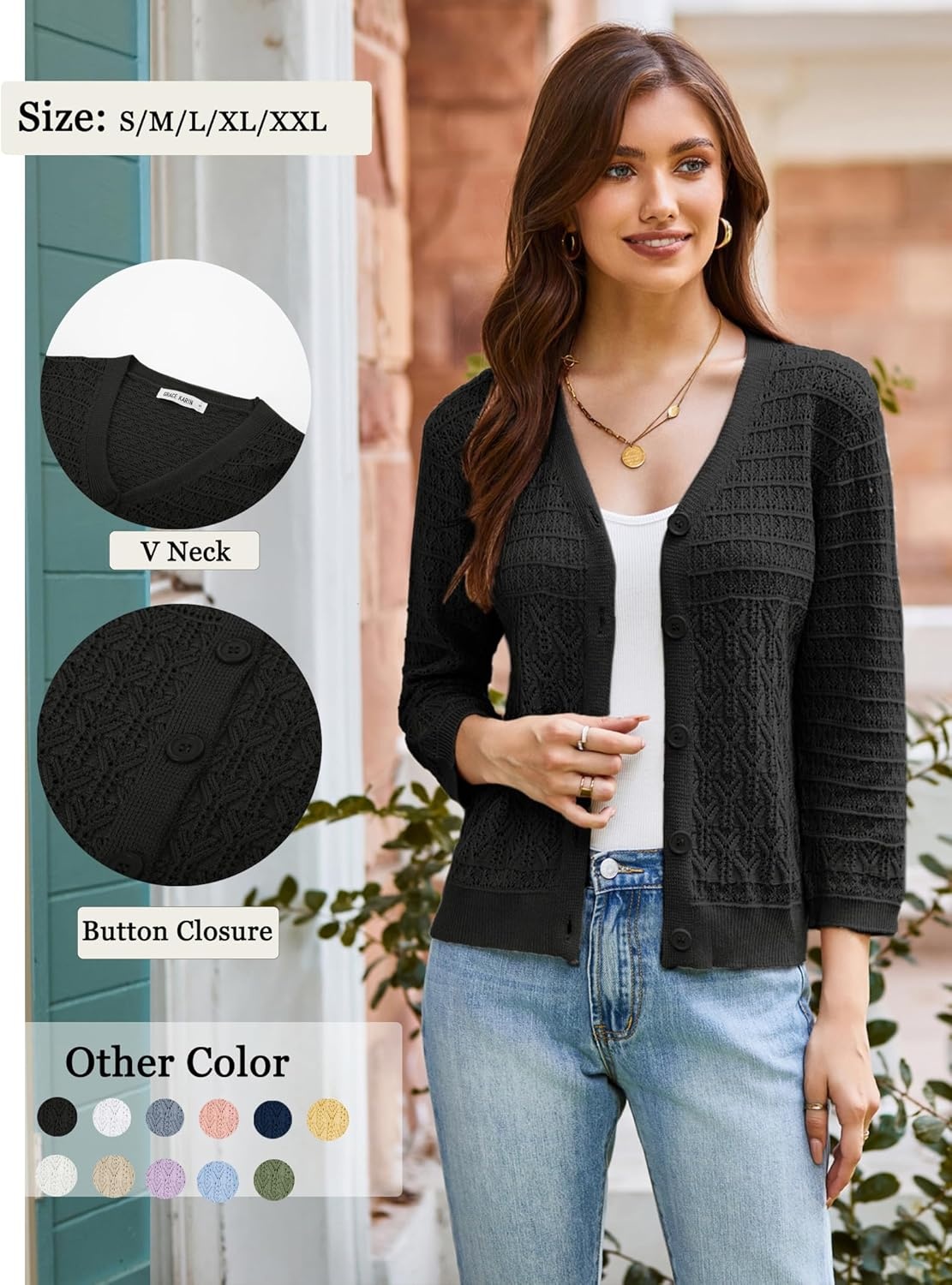 image:imageGRACE KARIN Womens Lightweigt Cardigan Sweater 2026 Summer 34 Sleeve Button Down Cardigans Trendy Knit Shrug OutfitBlack