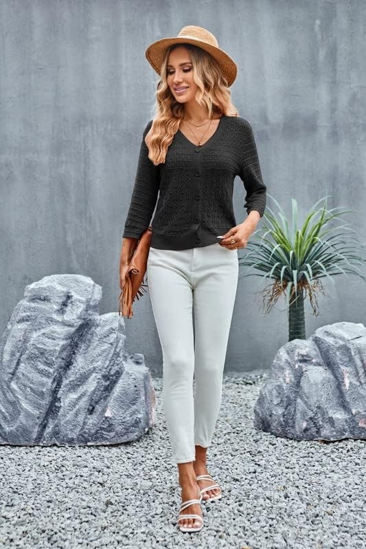 image:imageGRACE KARIN Womens Lightweigt Cardigan Sweater 2026 Summer 34 Sleeve Button Down Cardigans Trendy Knit Shrug OutfitBlack