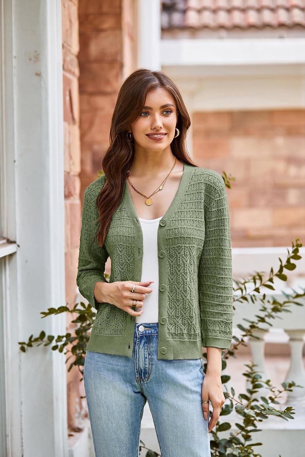 image:imageGRACE KARIN Womens Lightweigt Cardigan Sweater 2026 Summer 34 Sleeve Button Down Cardigans Trendy Knit Shrug OutfitGreen