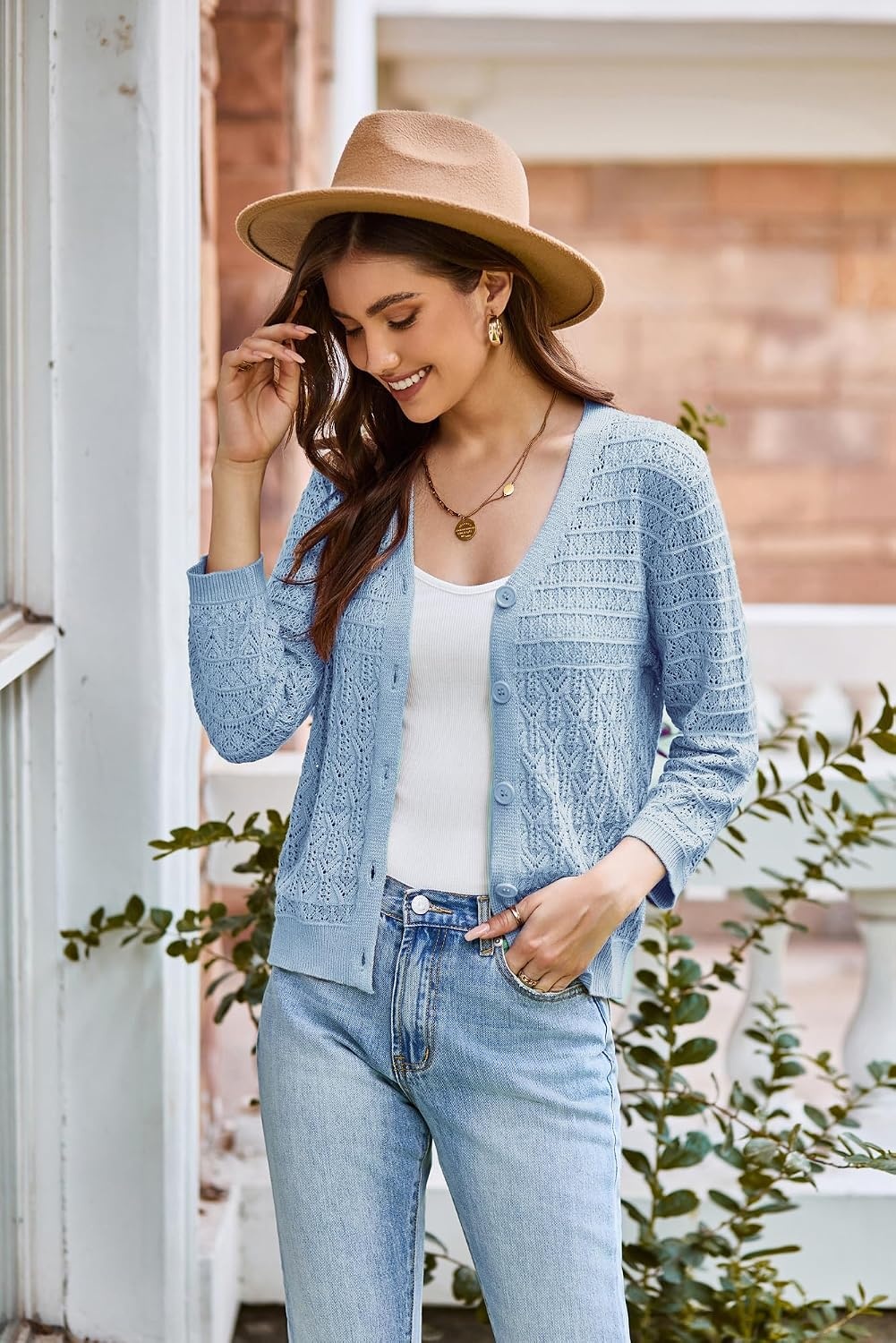 image:imageGRACE KARIN Womens Lightweigt Cardigan Sweater 2026 Summer 34 Sleeve Button Down Cardigans Trendy Knit Shrug OutfitLight Blue