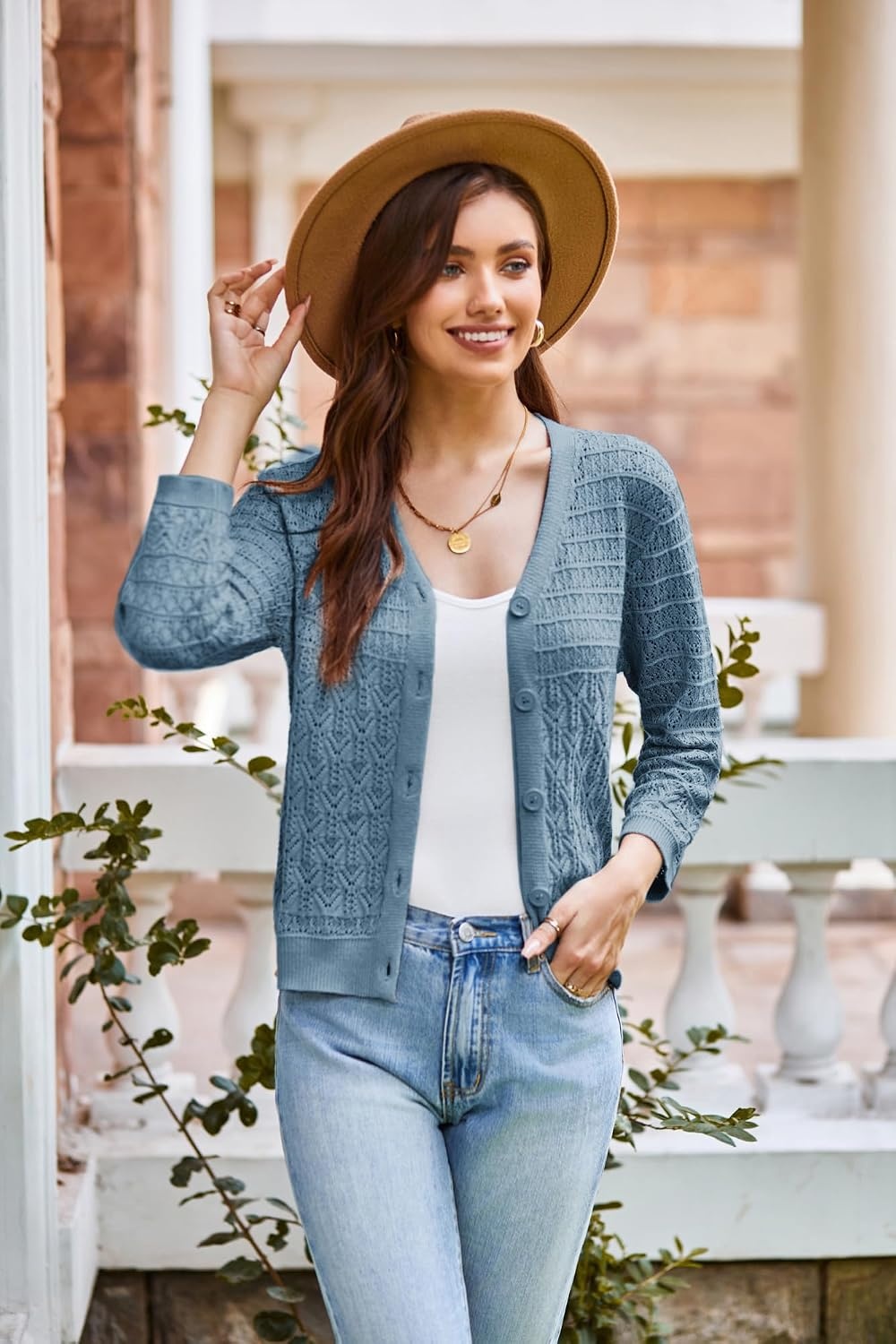 image:imageGRACE KARIN Womens Lightweigt Cardigan Sweater 2026 Summer 34 Sleeve Button Down Cardigans Trendy Knit Shrug OutfitLight Gray Blue