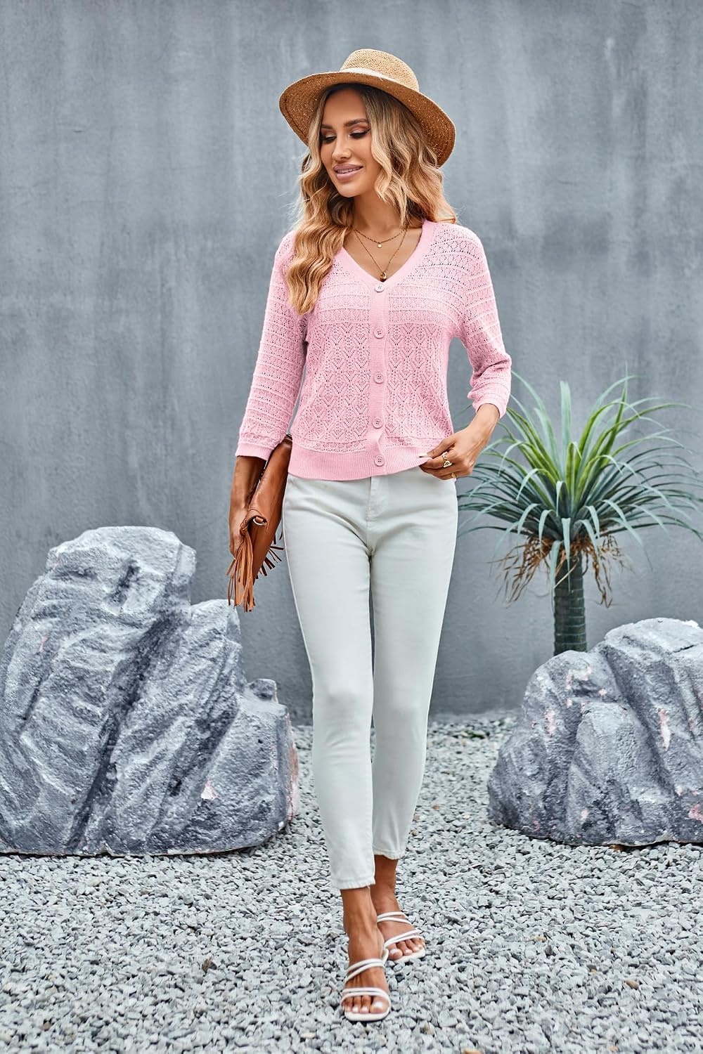 image:imageGRACE KARIN Womens Lightweigt Cardigan Sweater 2026 Summer 34 Sleeve Button Down Cardigans Trendy Knit Shrug OutfitLight Pink