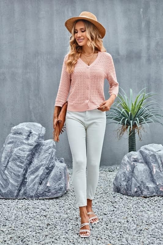 image:imageGRACE KARIN Womens Lightweigt Cardigan Sweater 2026 Summer 34 Sleeve Button Down Cardigans Trendy Knit Shrug OutfitPink