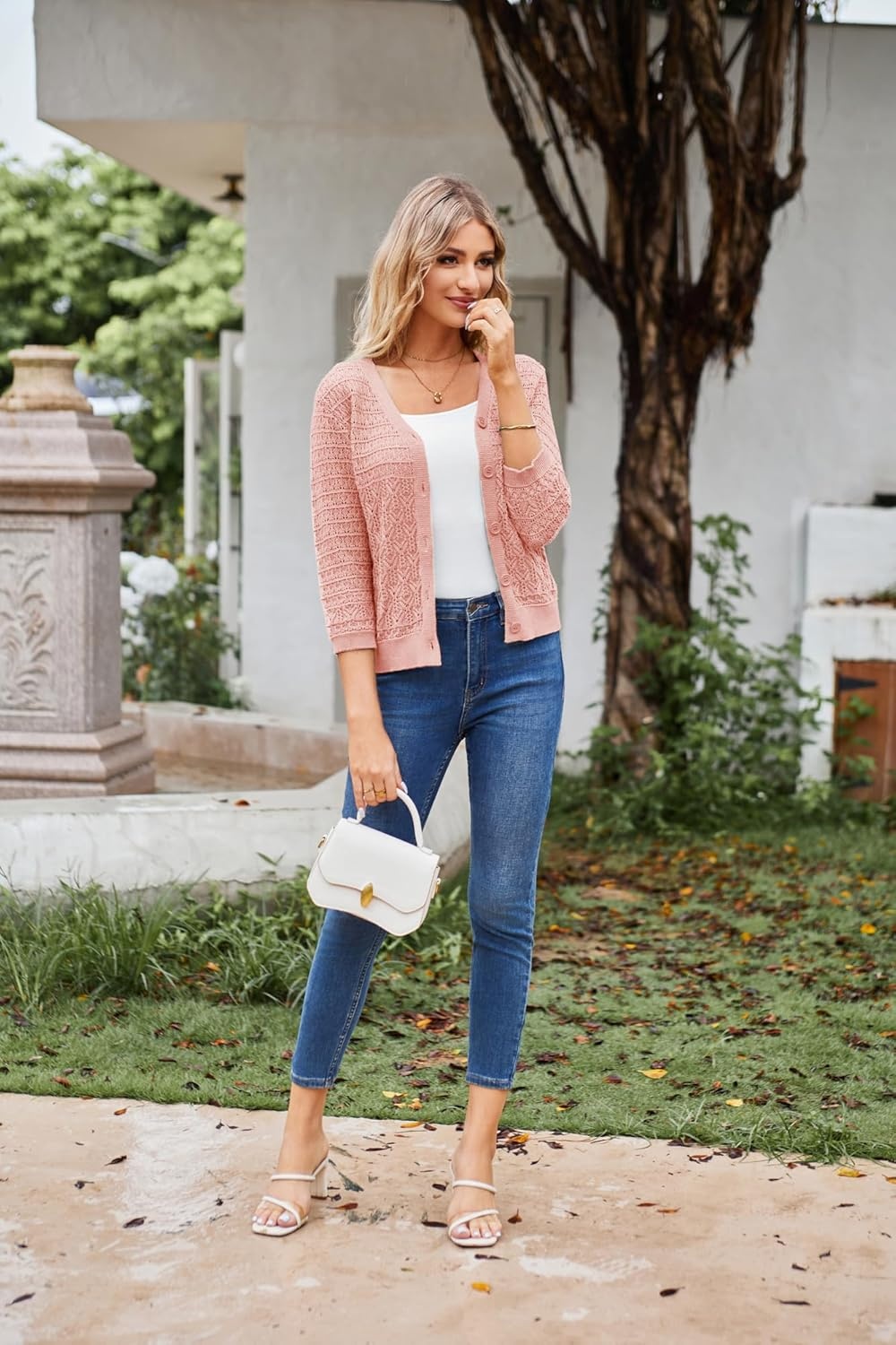 image:imageGRACE KARIN Womens Lightweigt Cardigan Sweater 2026 Summer 34 Sleeve Button Down Cardigans Trendy Knit Shrug OutfitPink