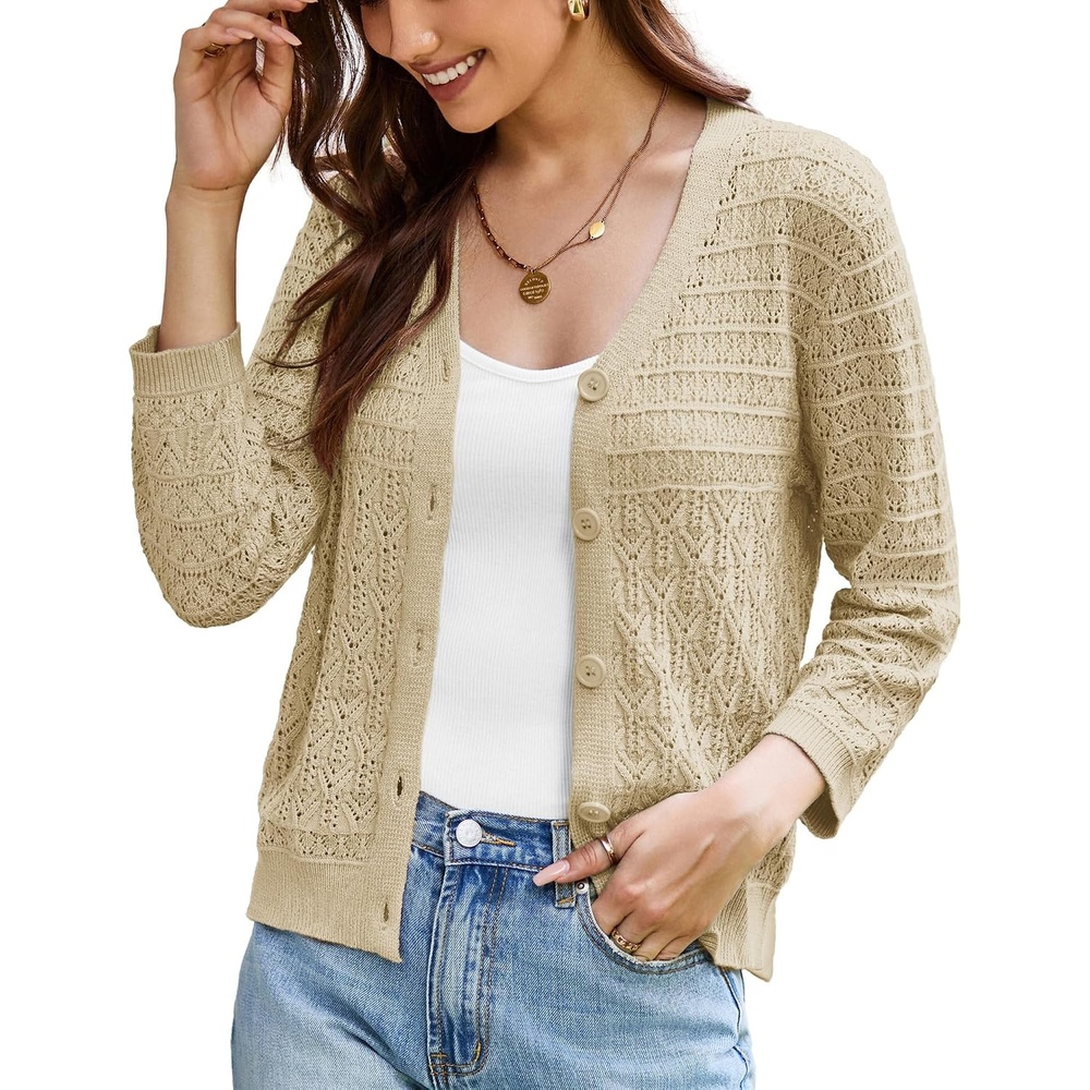 image:imageGRACE KARIN Womens Lightweigt Cardigan Sweater 2026 Summer 34 Sleeve Button Down Cardigans Trendy Knit Shrug OutfitButter Yellow