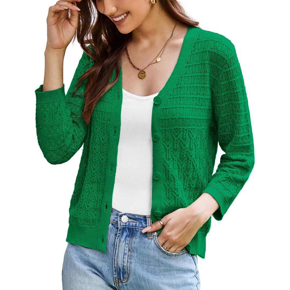 image:imageGRACE KARIN Womens Lightweigt Cardigan Sweater 2026 Summer 34 Sleeve Button Down Cardigans Trendy Knit Shrug OutfitDark Green