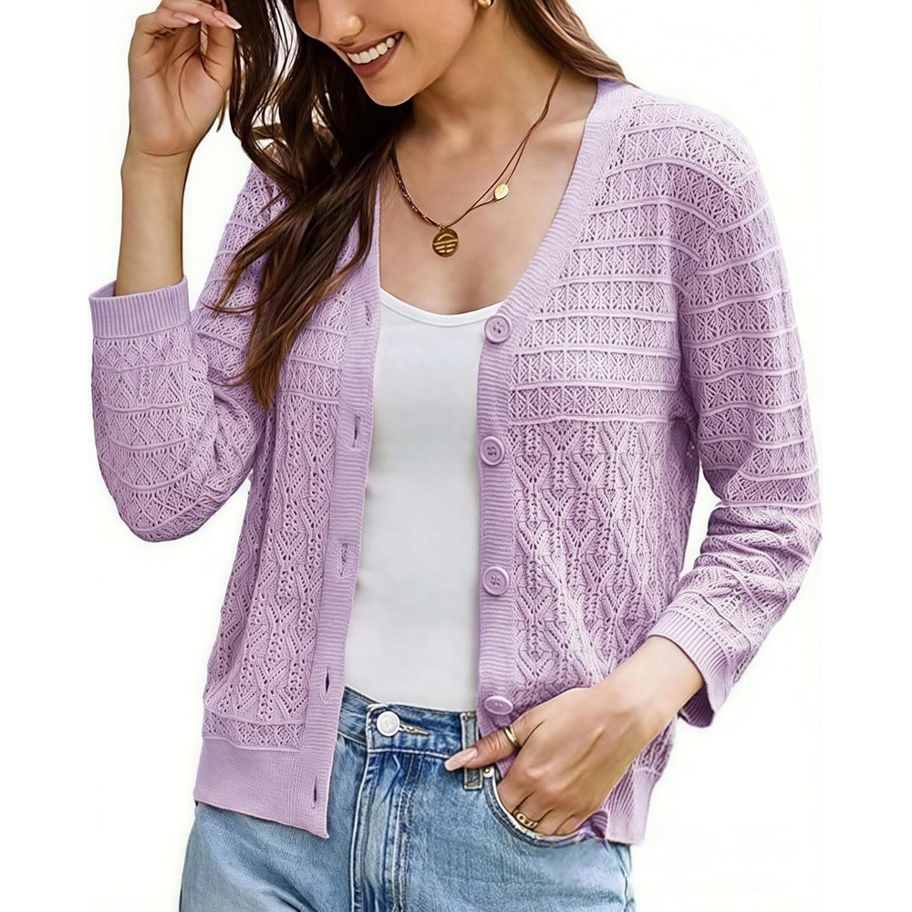 image:imageGRACE KARIN Womens Lightweigt Cardigan Sweater 2026 Summer 34 Sleeve Button Down Cardigans Trendy Knit Shrug OutfitLilac Purple