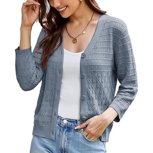 GRACE KARIN Womens Lightweigt Cardigan Sweater, 2026 Summer 3/4 Sleeve Button Down Cardigans, Trendy Knit Shrug Outfit(Gray Blue)