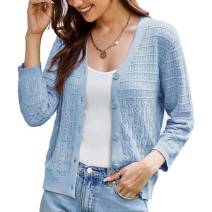 GRACE KARIN Womens Lightweigt Cardigan Sweater, 2026 Summer 3/4 Sleeve Button Down Cardigans, Trendy Knit Shrug Outfit(Light Blue)
