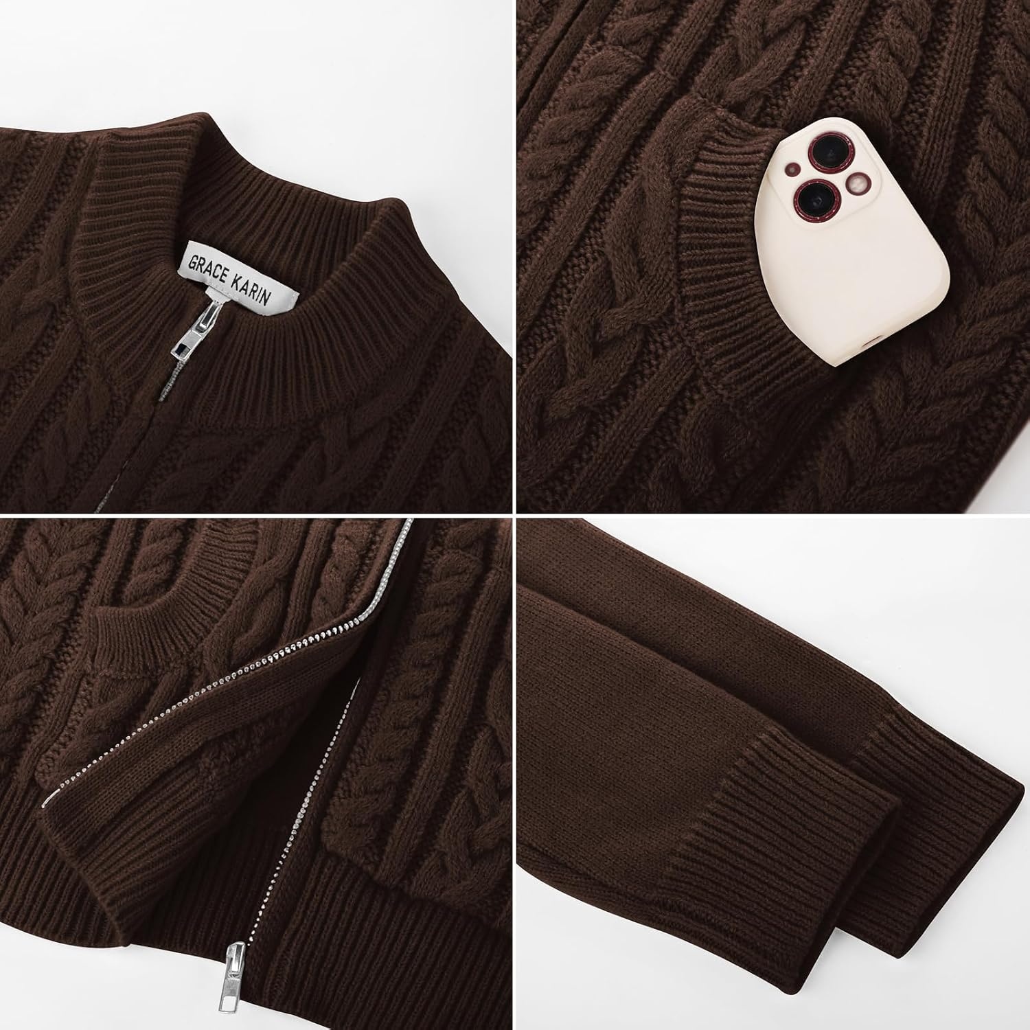 image:imageGRACE KARIN Girls Knit Cardigan Sweater Zip Long Sleeve Kids School Uniform Fall Jacket Size 614New Brown
