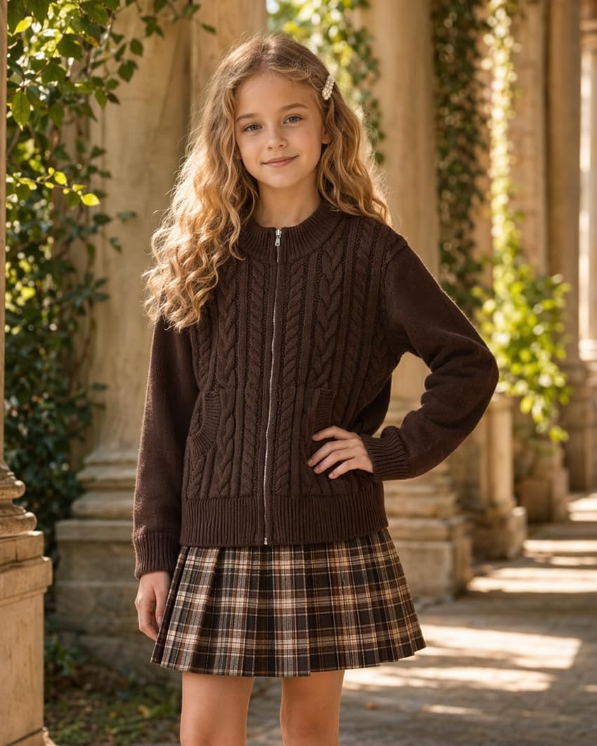 image:imageGRACE KARIN Girls Knit Cardigan Sweater Zip Long Sleeve Kids School Uniform Fall Jacket Size 614New Brown