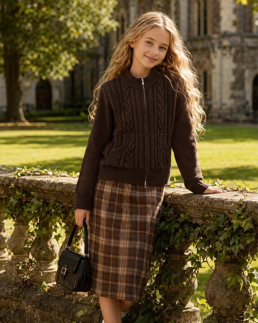 image:imageGRACE KARIN Girls Knit Cardigan Sweater Zip Long Sleeve Kids School Uniform Fall Jacket Size 614New Brown