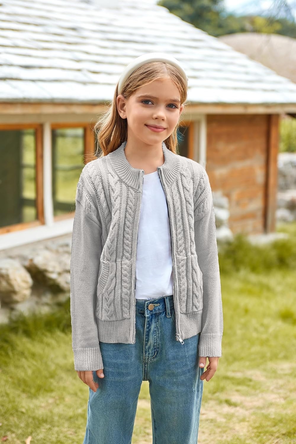 image:imageGRACE KARIN Girls Knit Cardigan Sweater Zip Long Sleeve Kids School Uniform Fall Jacket Size 614New Light Gray