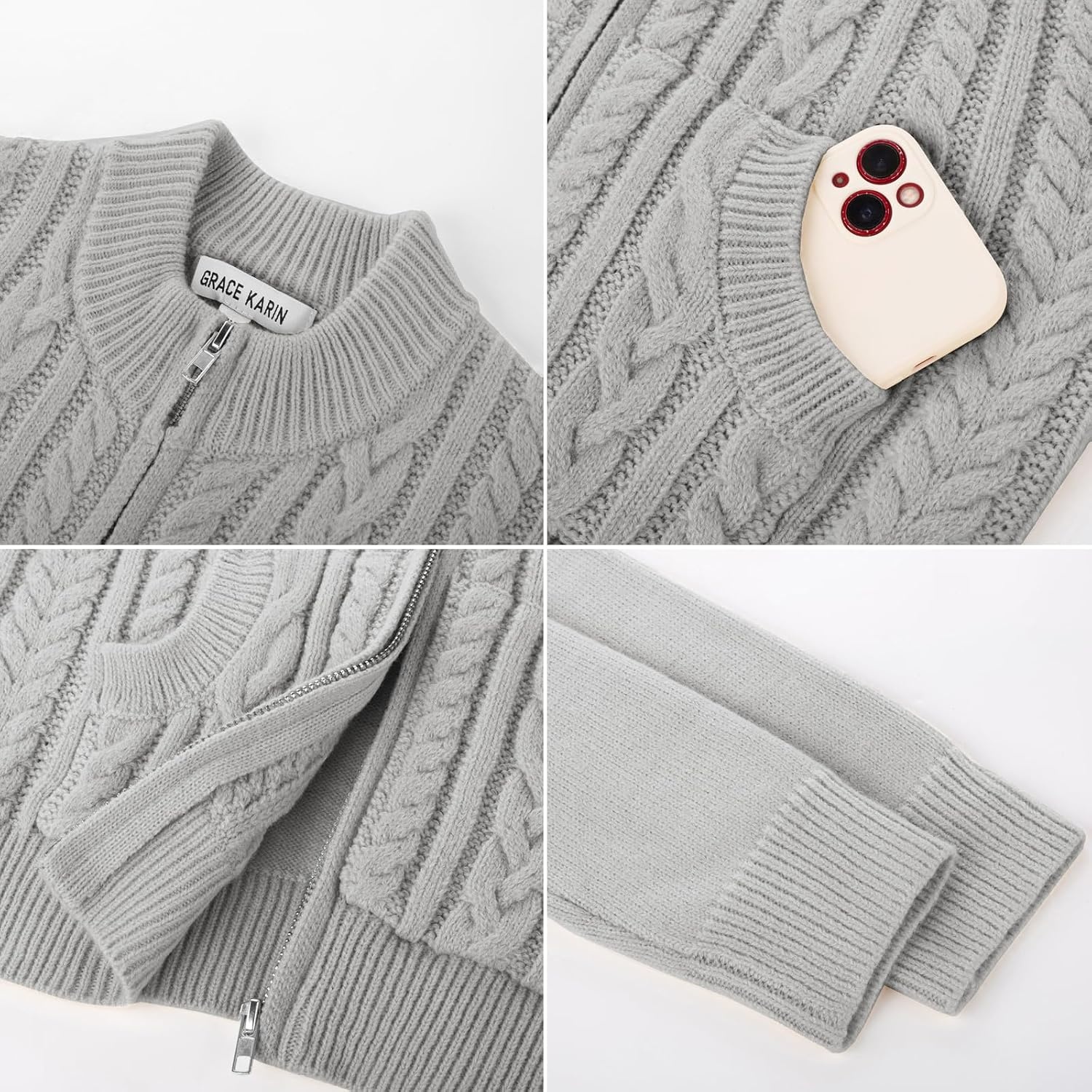 image:imageGRACE KARIN Girls Knit Cardigan Sweater Zip Long Sleeve Kids School Uniform Fall Jacket Size 614New Light Gray