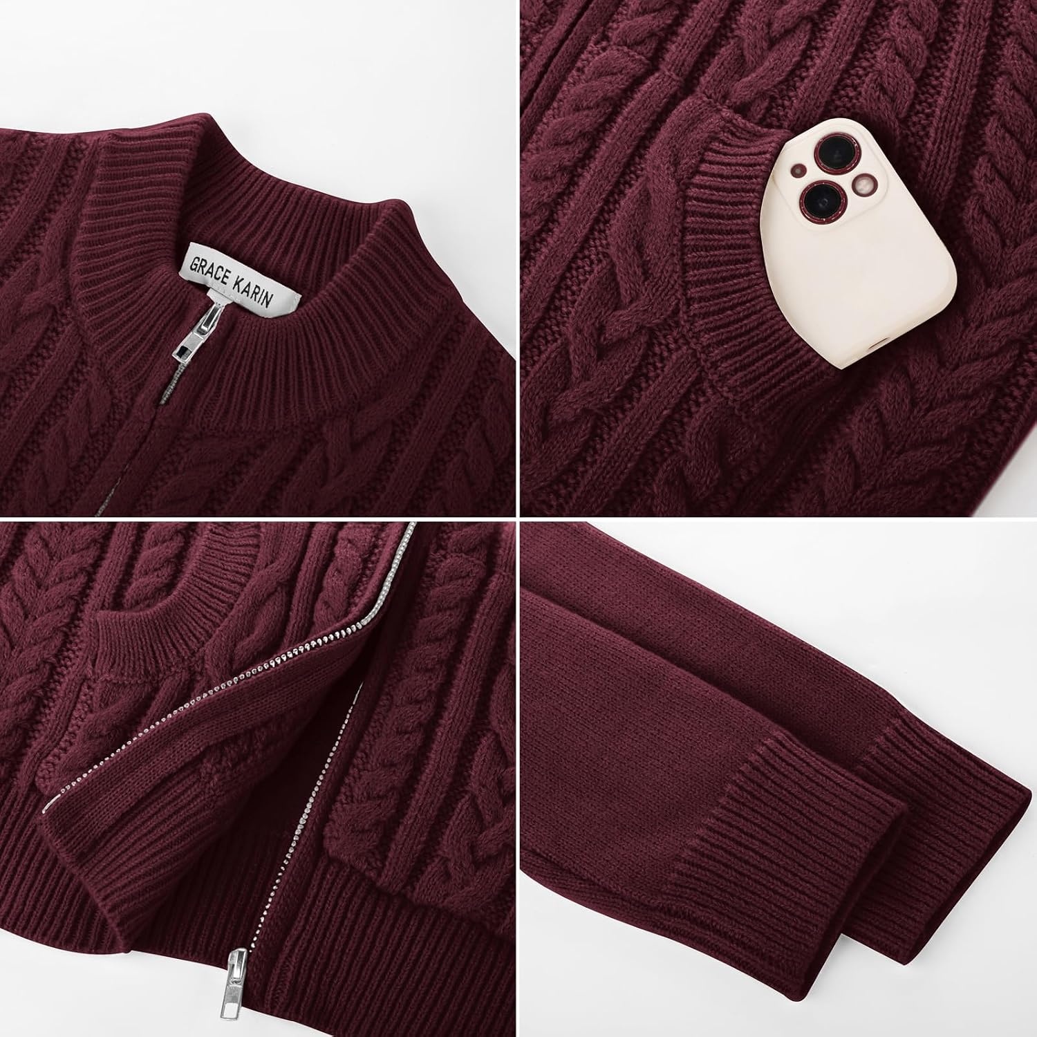 image:imageGRACE KARIN Girls Knit Cardigan Sweater Zip Long Sleeve Kids School Uniform Fall Jacket Size 614Purple Red
