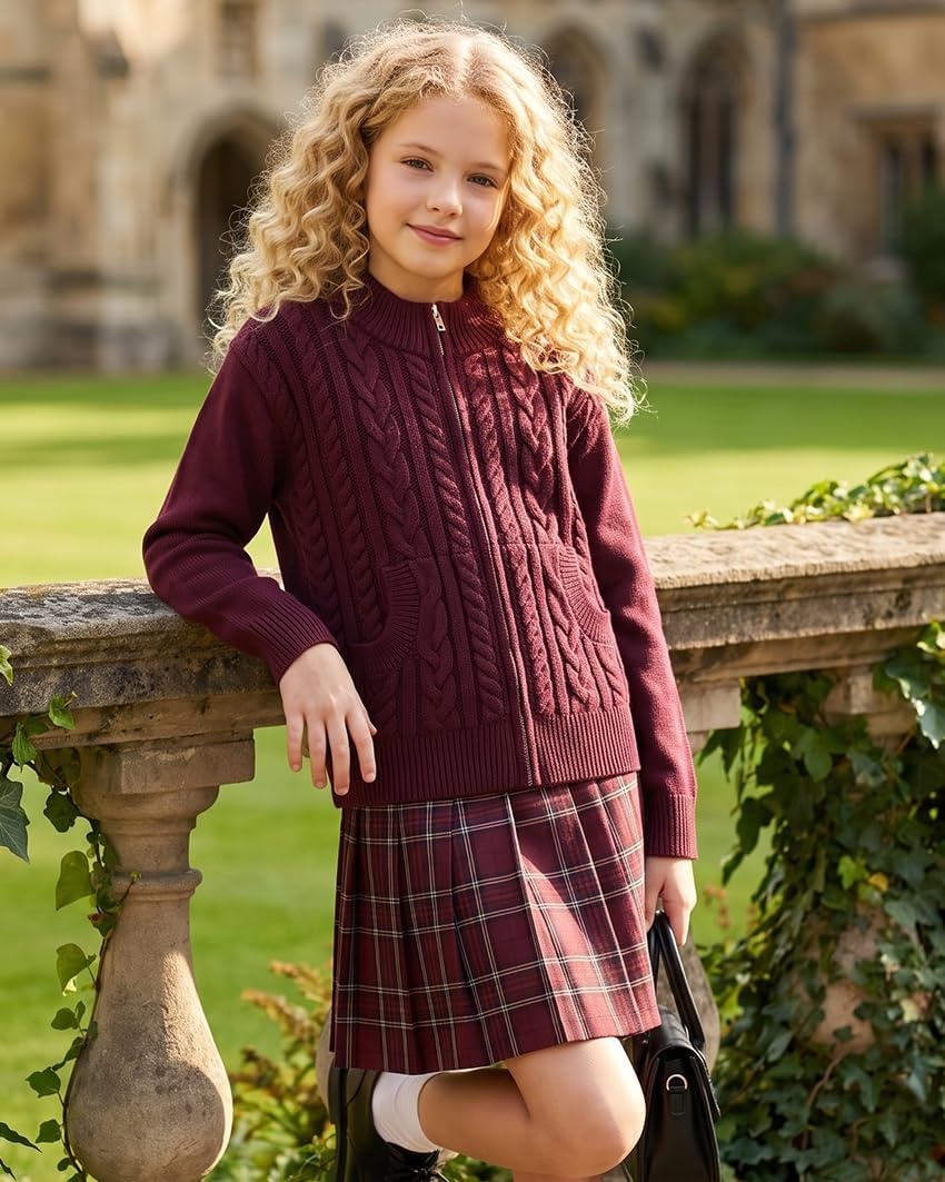 image:imageGRACE KARIN Girls Knit Cardigan Sweater Zip Long Sleeve Kids School Uniform Fall Jacket Size 614Purple Red