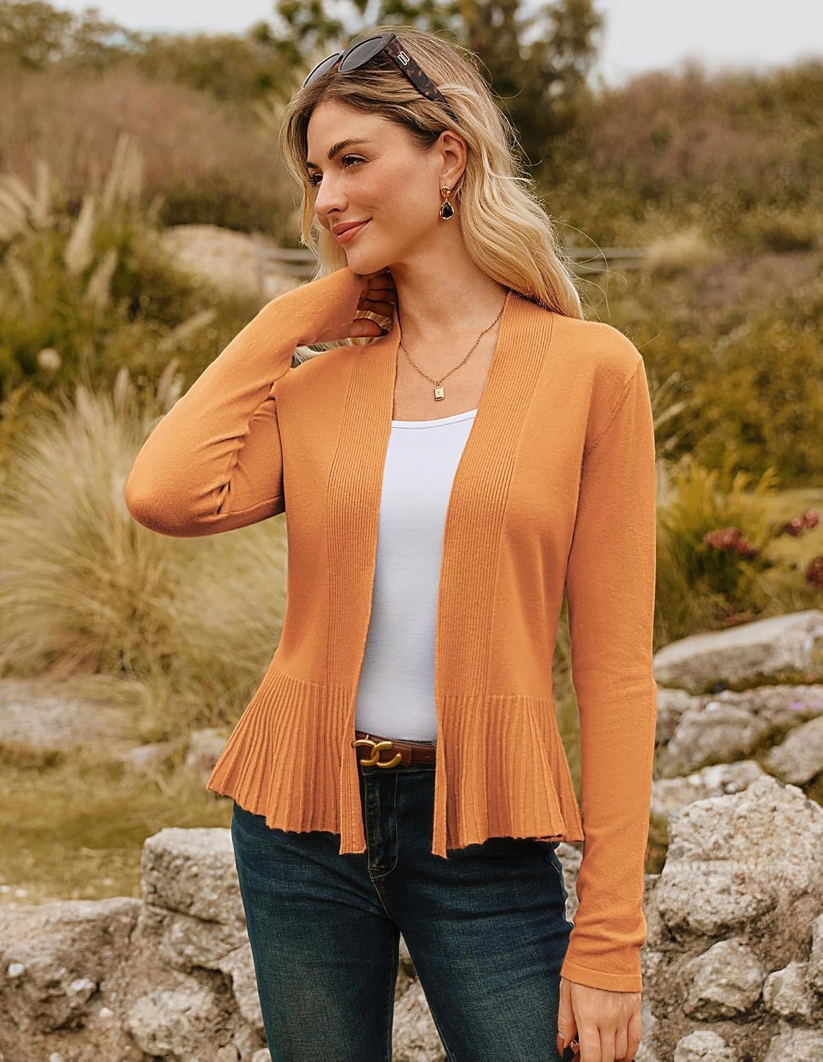 image:imageGRACE KARIN Womens Lightweight Peplum Cardigan Sweaters Open Front Cropped Cardigan Long Sleeve Trendy Summer Knit Tops Light Brown XXL