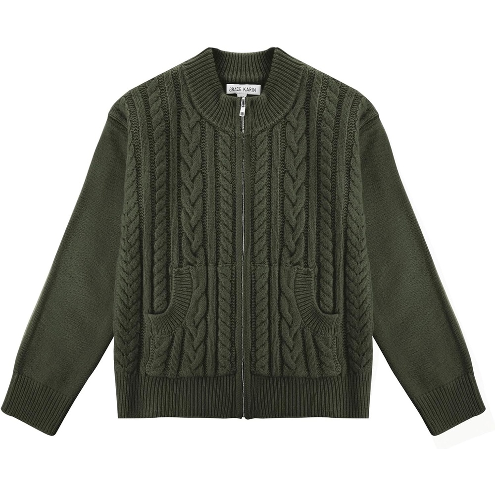image:imageGRACE KARIN Girls Knit Cardigan Sweater Zip Long Sleeve Kids School Uniform Fall Jacket Size 614New Army Green