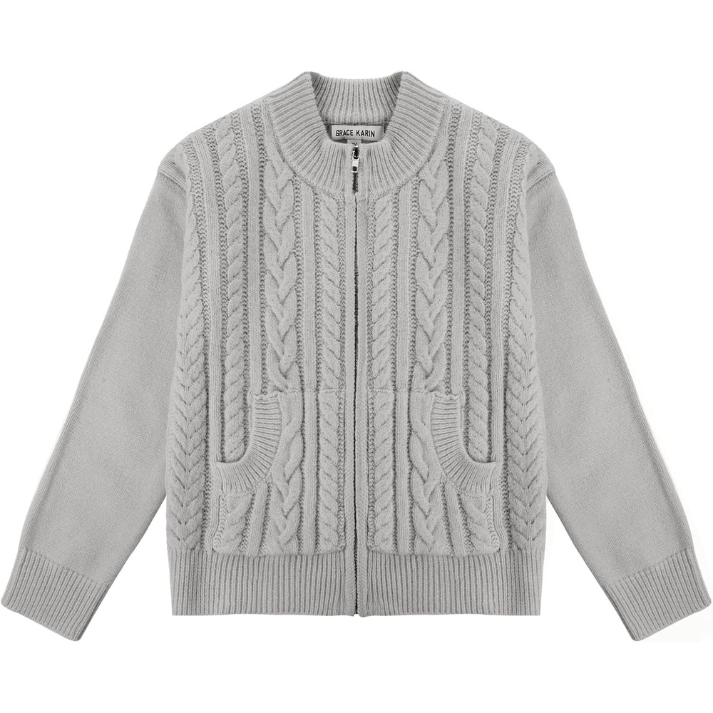 image:imageGRACE KARIN Girls Knit Cardigan Sweater Zip Long Sleeve Kids School Uniform Fall Jacket Size 614New Light Gray