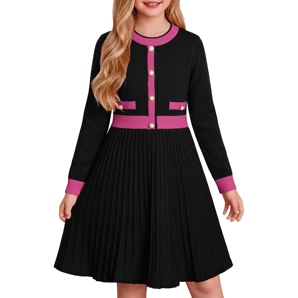 image:imageGRACE KARIN Girls Sweater Fall Dress Long Sleeve Knit A Line Contrast Casual Winter Dresses 614YBlack Pink