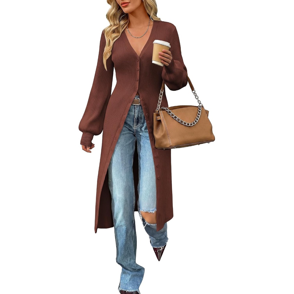 image:imageGRACE KARIN Long Cardigan Sweaters for Women V Neck Button Up Sweater Maxi DressRust Brown
