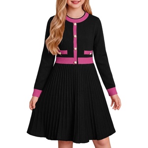 GRACE KARIN Girls Sweater Fall Dress Long Sleeve Knit A Line Contrast Casual Winter Dresses 6-14Y(Black Pink)