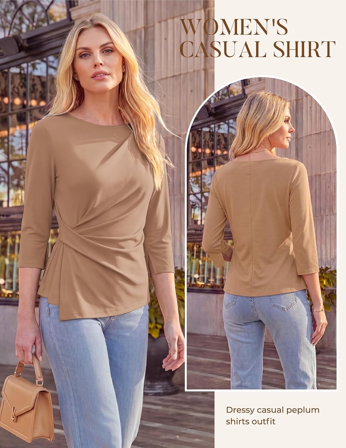 image:imageGRACE KARIN Womens 2026 Summer Peplum Tops 34 Sleeve Dressy Casual Shirts Business Blouses Trendy Fashion ClothesKhaki