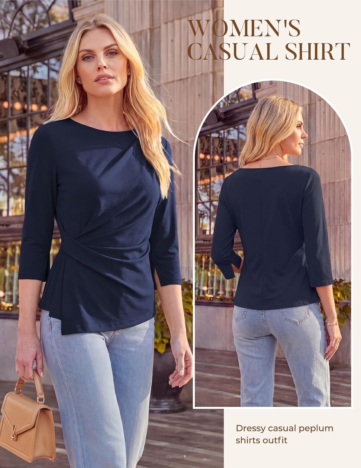 image:imageGRACE KARIN Womens 2026 Summer Peplum Tops 34 Sleeve Dressy Casual Shirts Business Blouses Trendy Fashion ClothesNavy Blue
