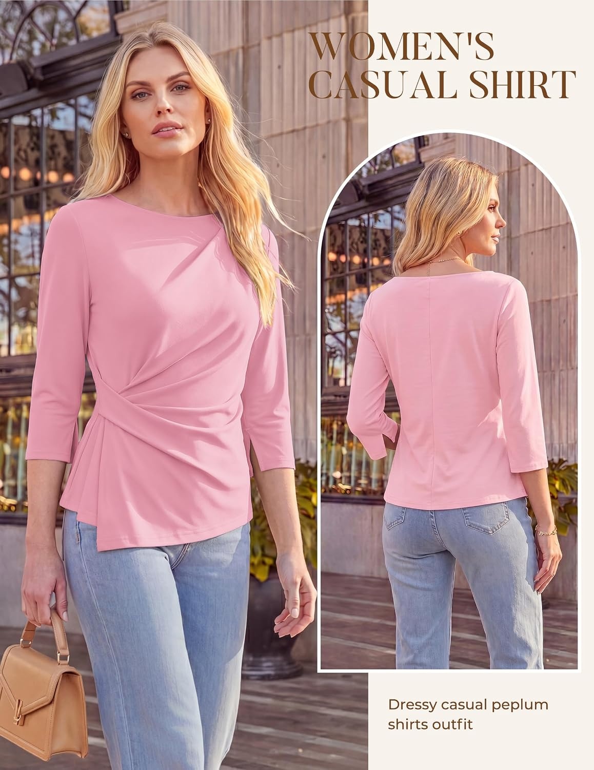 image:imageGRACE KARIN Womens 2026 Summer Peplum Tops 34 Sleeve Dressy Casual Shirts Business Blouses Trendy Fashion ClothesPink
