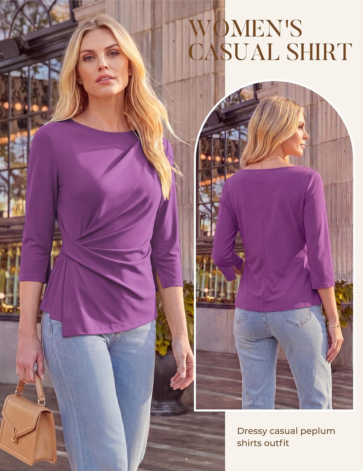 image:imageGRACE KARIN Womens 2026 Summer Peplum Tops 34 Sleeve Dressy Casual Shirts Business Blouses Trendy Fashion ClothesPurple