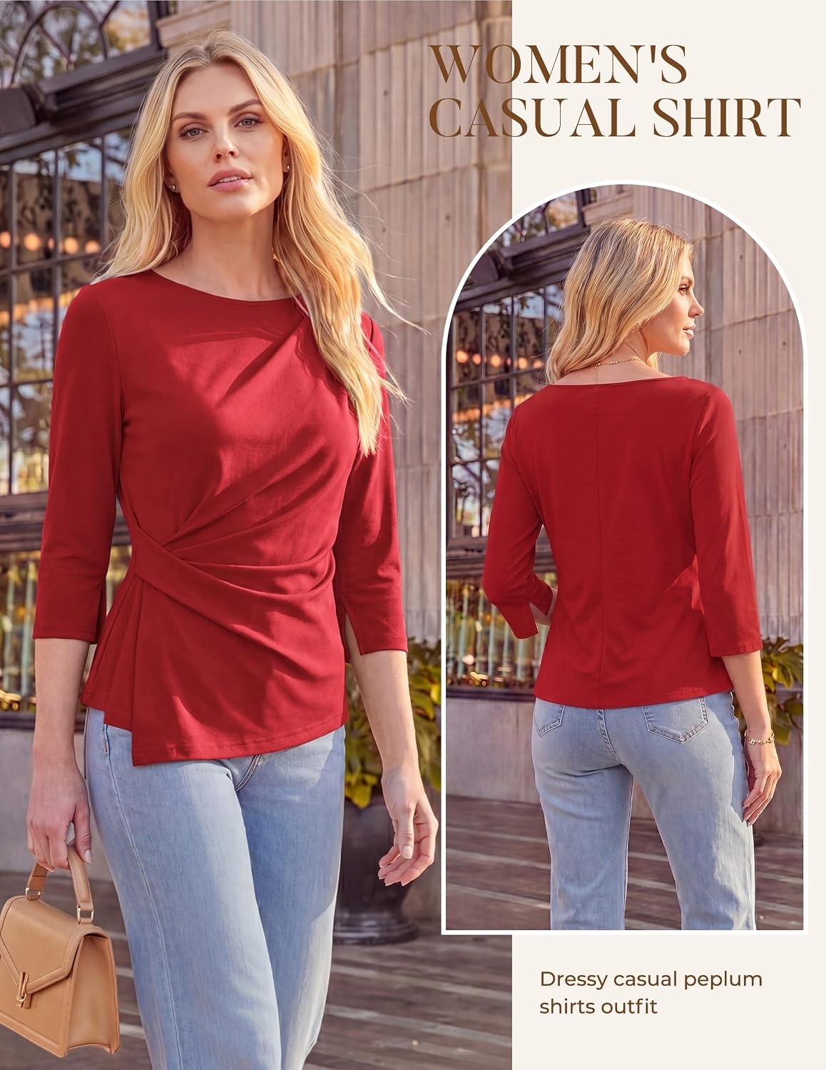 image:imageGRACE KARIN Womens 2026 Summer Peplum Tops 34 Sleeve Dressy Casual Shirts Business Blouses Trendy Fashion ClothesRed