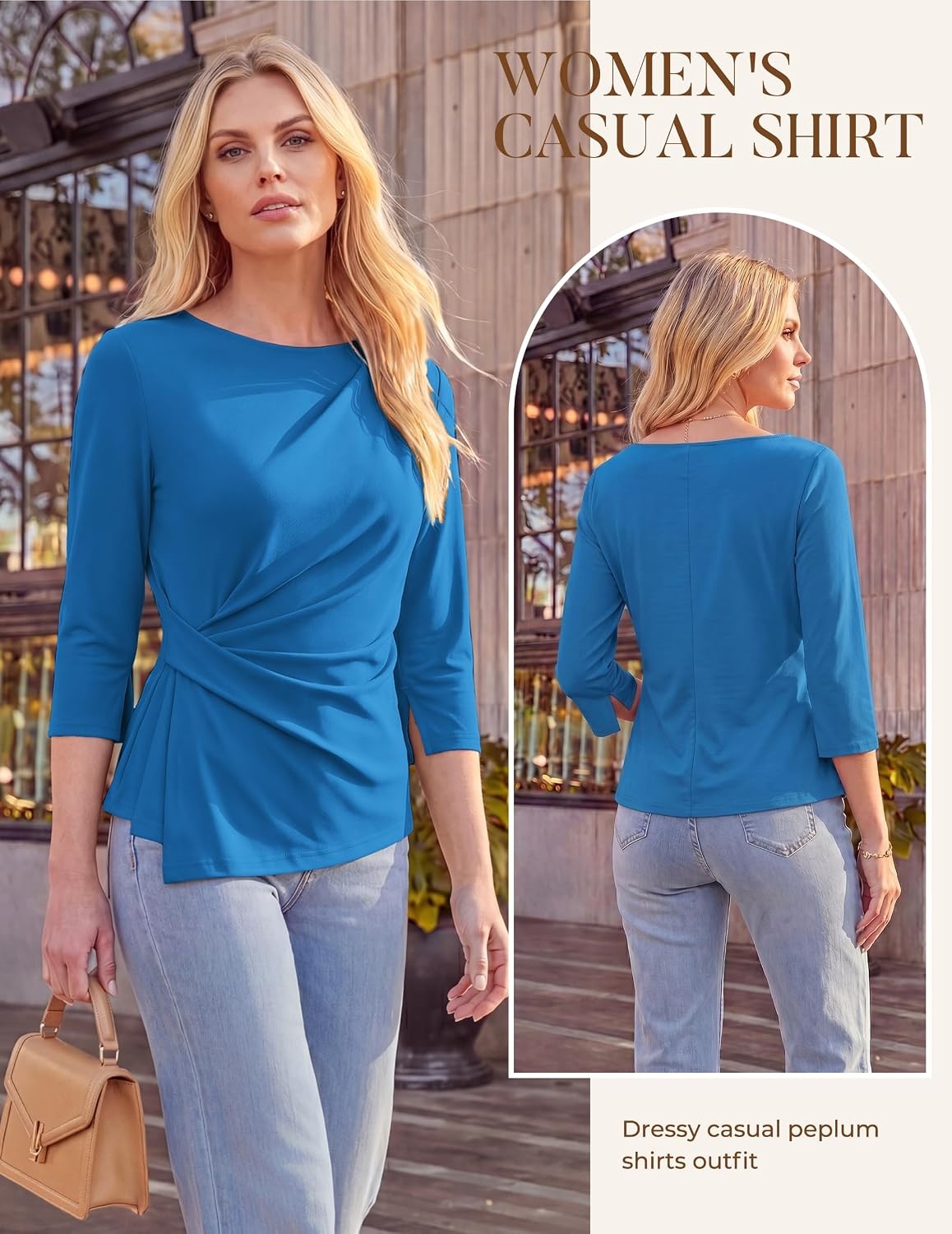 image:imageGRACE KARIN Womens 2026 Summer Peplum Tops 34 Sleeve Dressy Casual Shirts Business Blouses Trendy Fashion ClothesSky Blue
