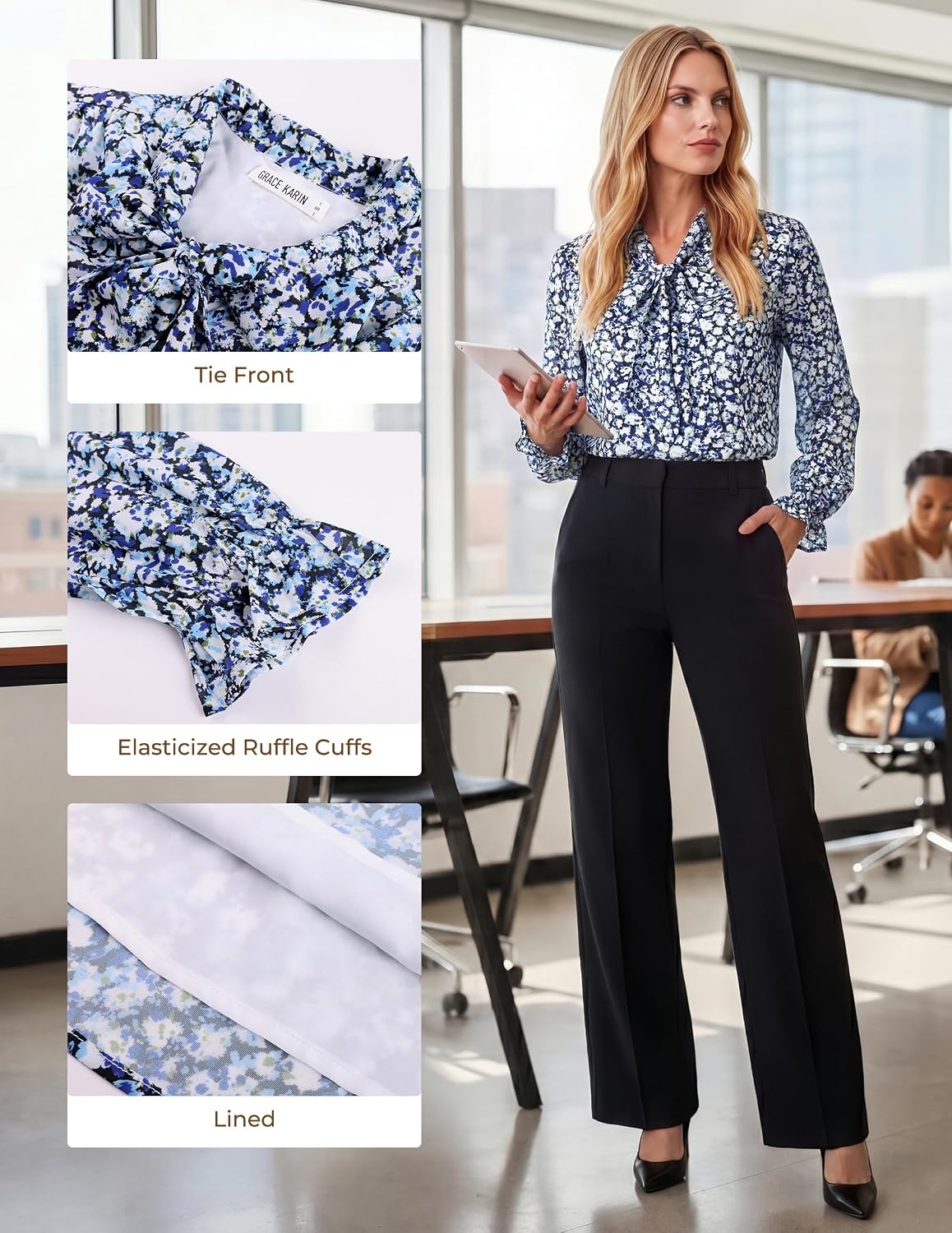 image:imageGRACE KARIN Womens Long Sleeve Business Casual Shirts 2026 Front Bow Tie Neck Chiffon Blouse Polka Dot Floral TopsBlue Floral