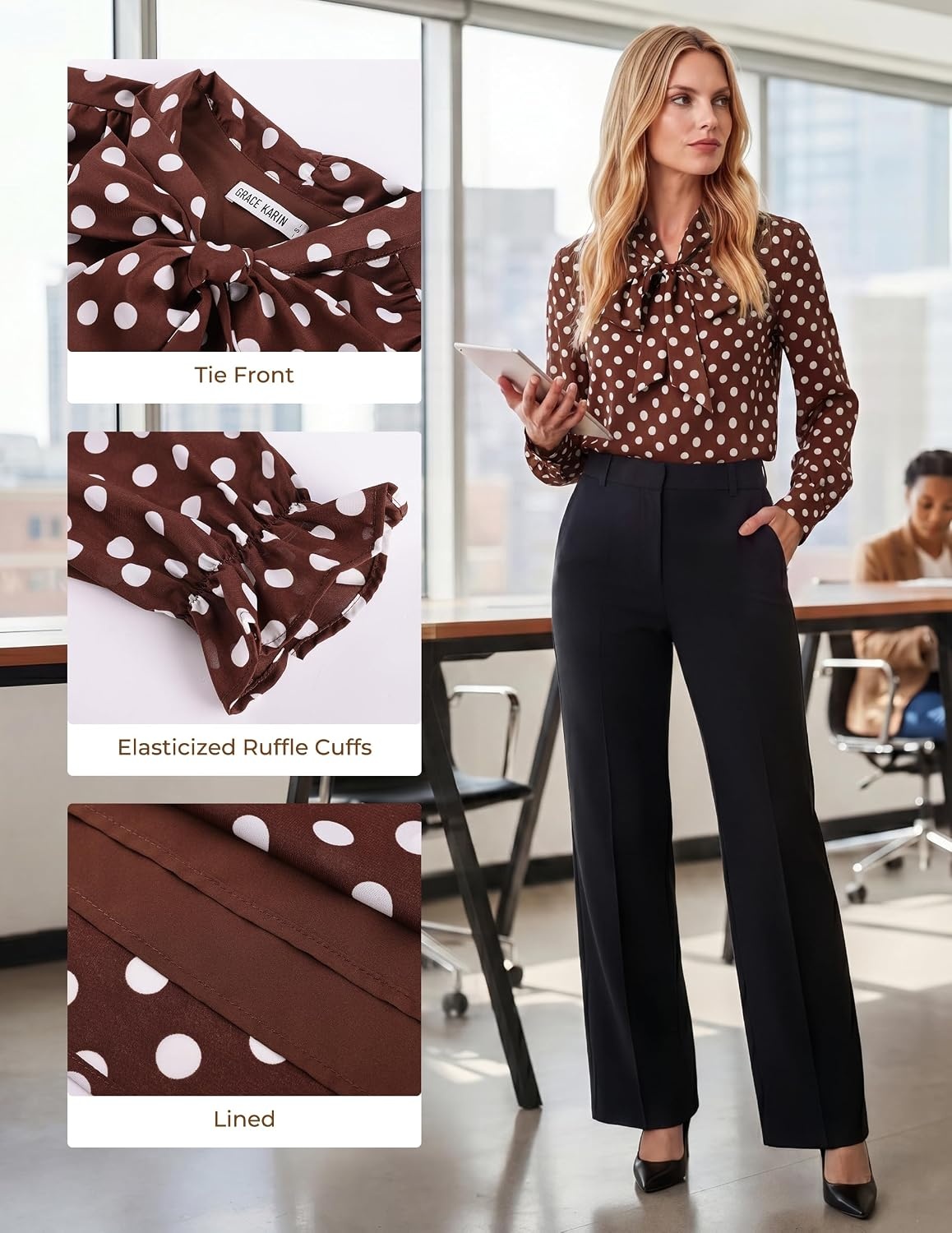 image:imageGRACE KARIN Womens Long Sleeve Business Casual Shirts 2026 Front Bow Tie Neck Chiffon Blouse Polka Dot Floral TopsDot Coffee